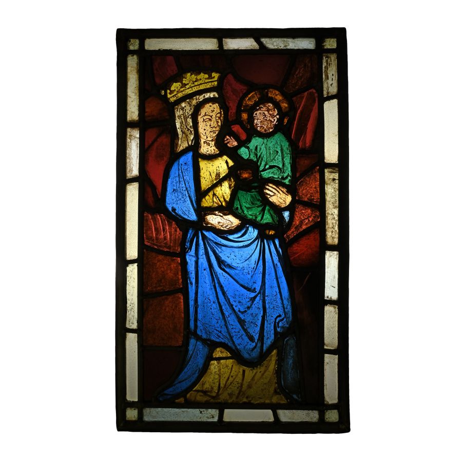 Medieval Stained Glass Panel of Virgin and Child