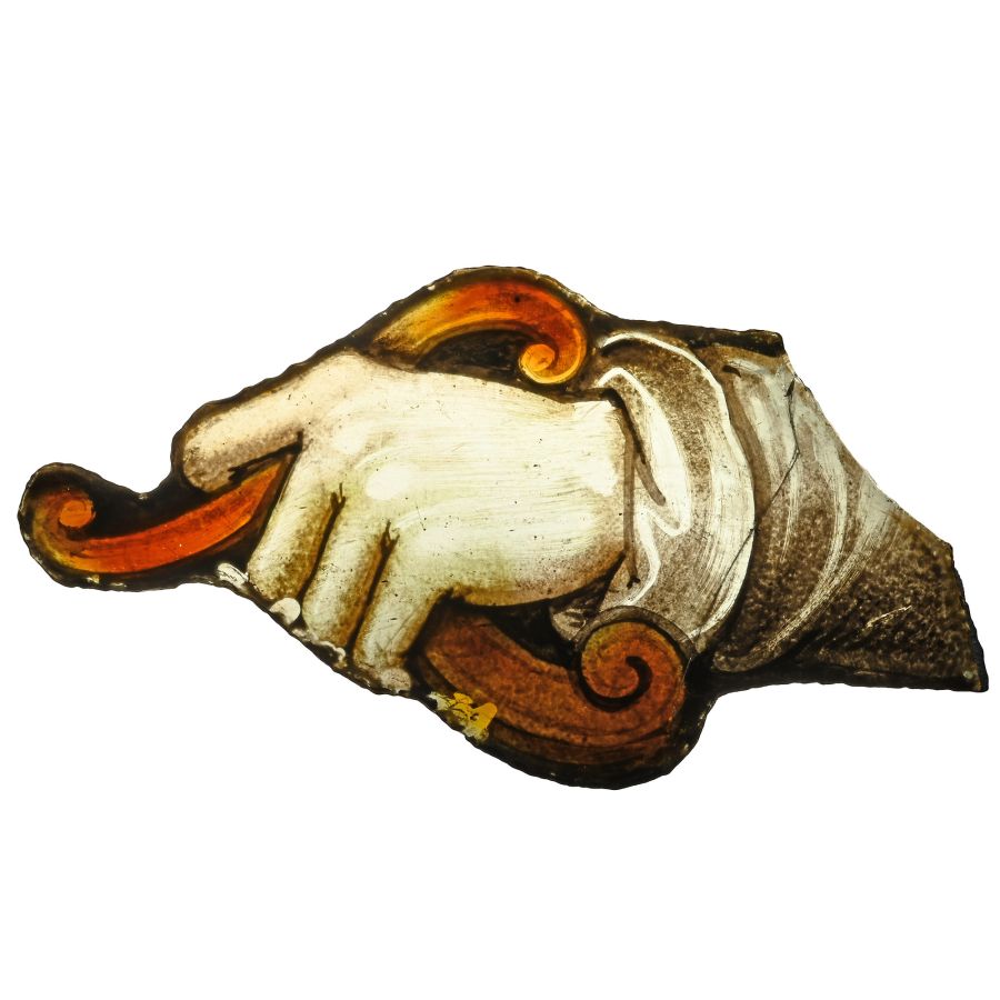 Tudor Period Stained Glass Panel with Hand Holding Sword