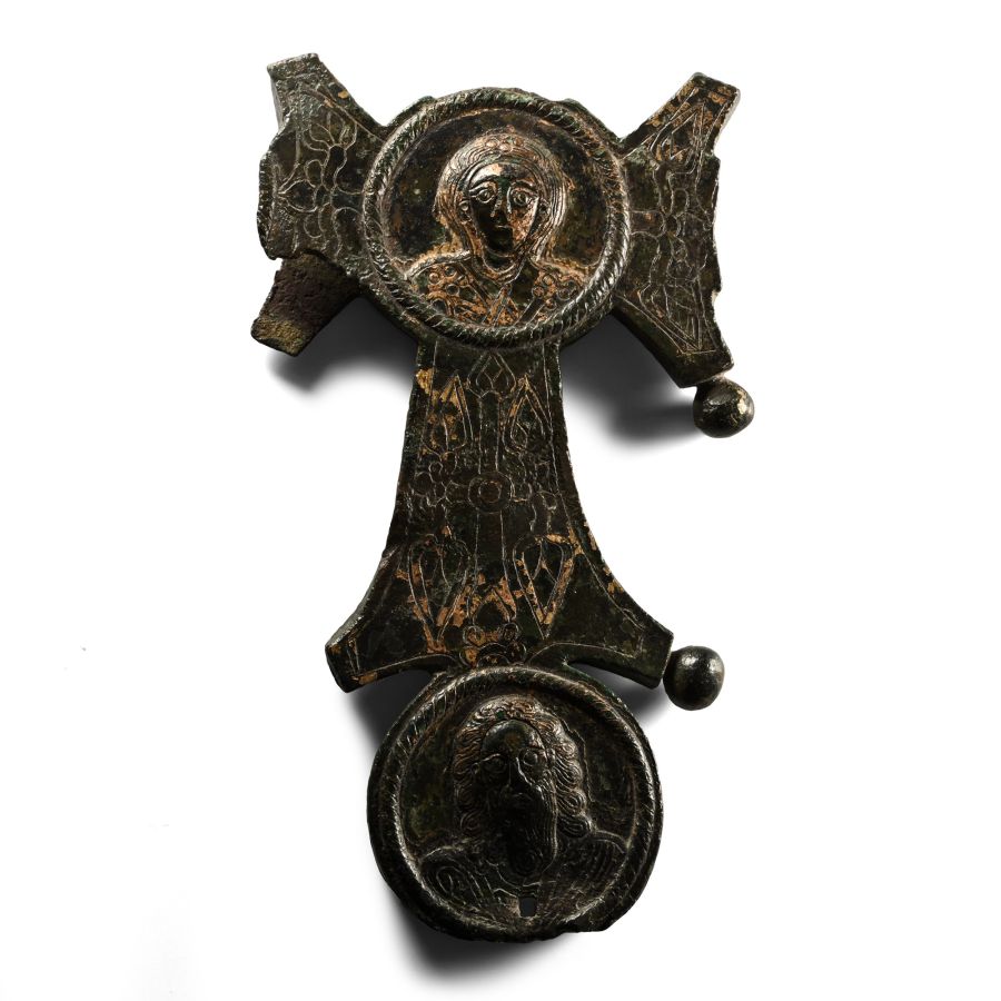 Byzantine Gilt Bronze Altar Cross with Two Medallions