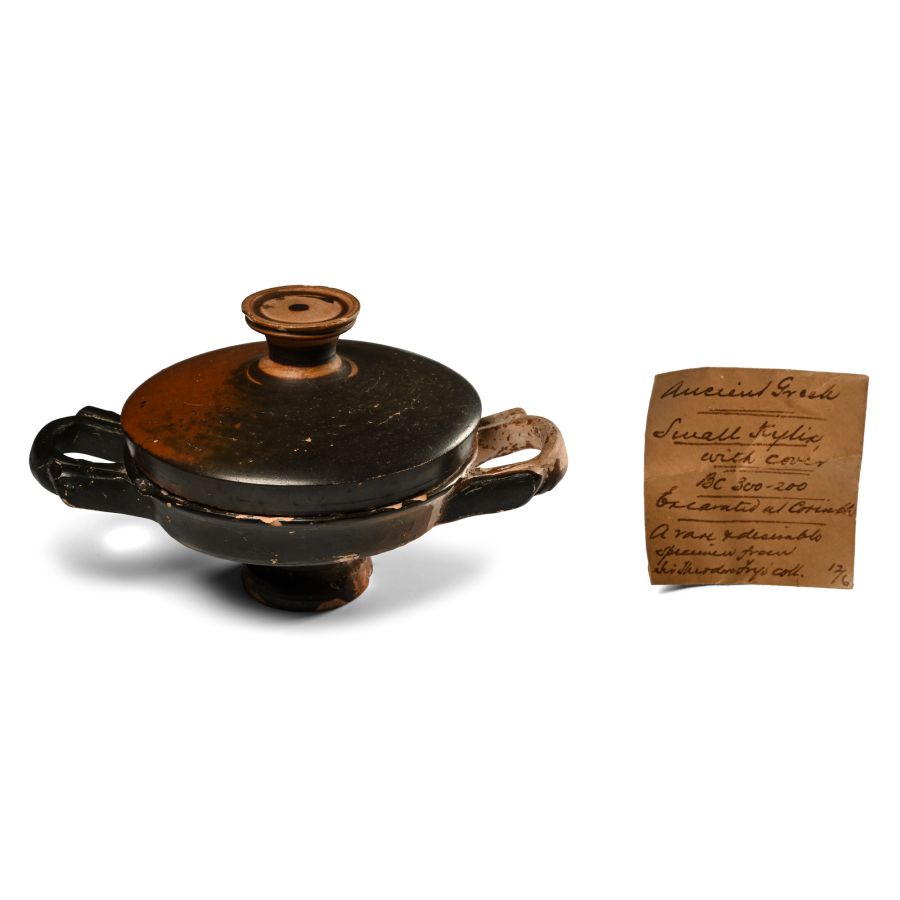 Greek Black Glazed Terracotta Kylix and Cover