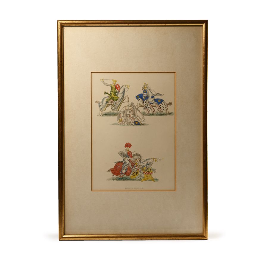 Framed Original Coloured Book Plate with Knights Fighting