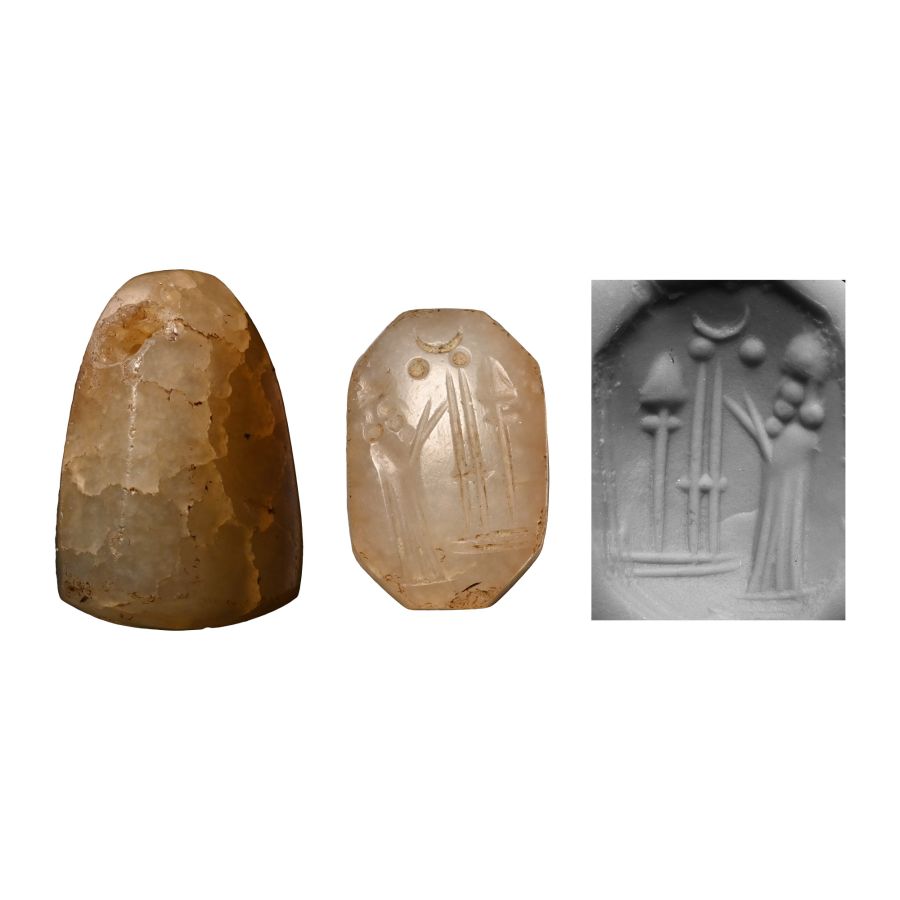 Babylonian Chalcedony Stamp Seal with Cultic Scene