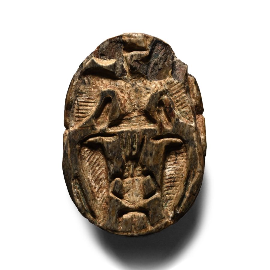 Egyptian Steatite Scarab with Bes, Vulture and Cobras
