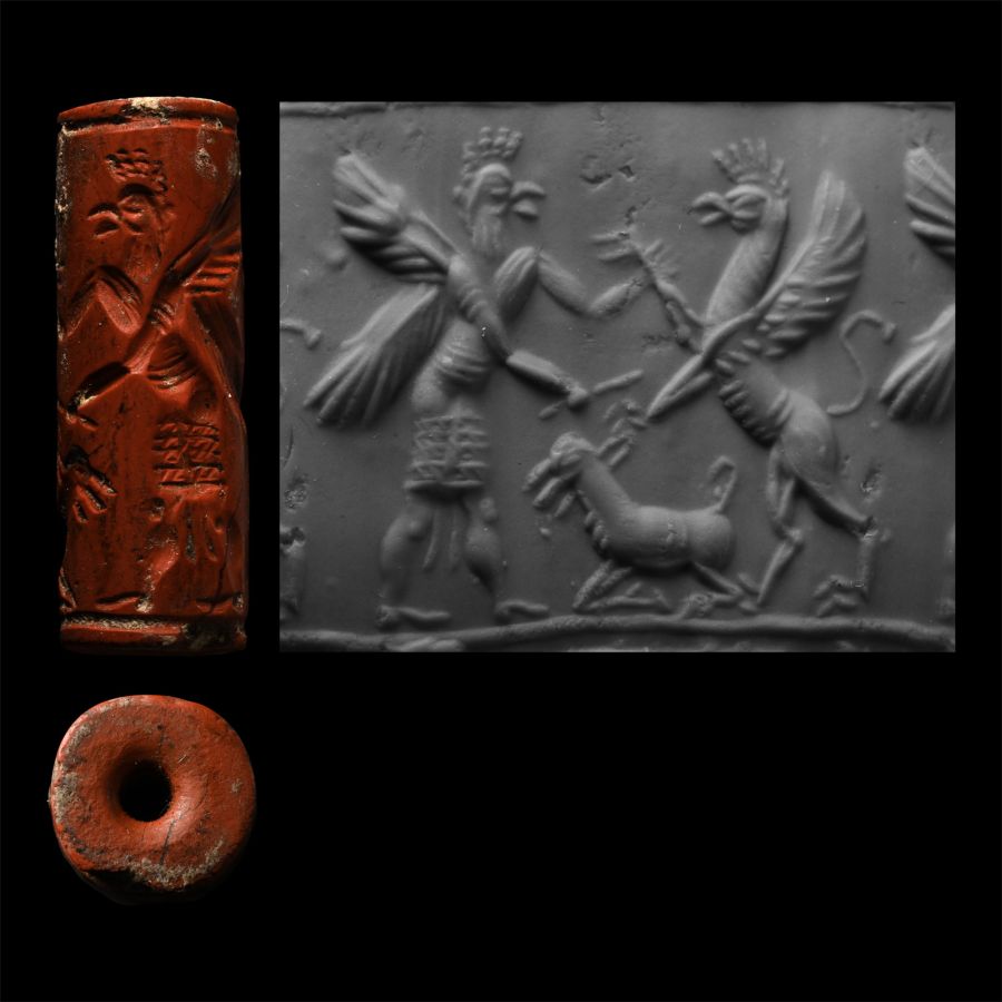 Assyrian Red Jasper Cylinder Seal with Contest Scene