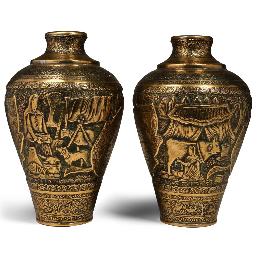 Qajar Hammered Brass Vessel Pair