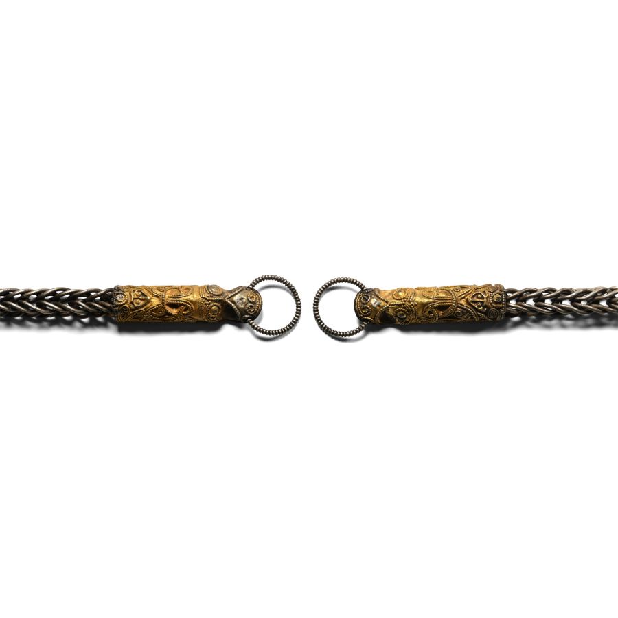 Scandinavian Viking Silver Chain Necklace with Gilt Silver Dragon Terminals