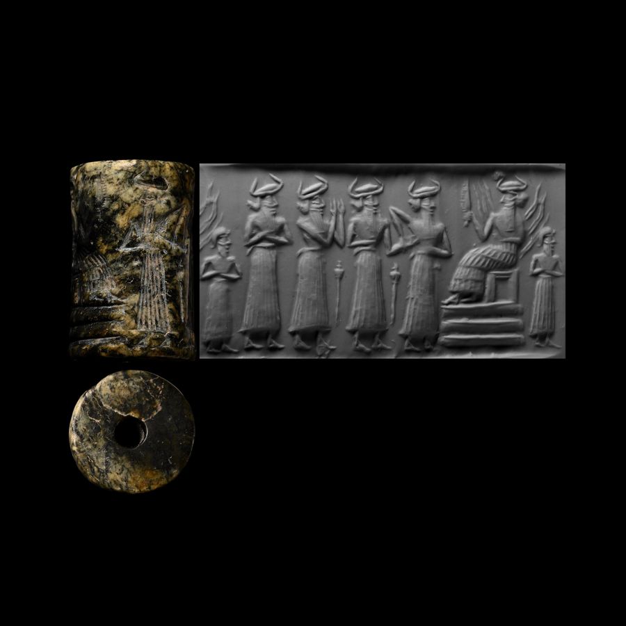 Akkadian Black Stone Cylinder Seal of the Sun God Shamash and Worshipping Parade