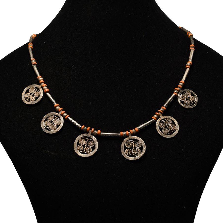 Elamite Carnelian Necklace with Silver Spiral Pendants