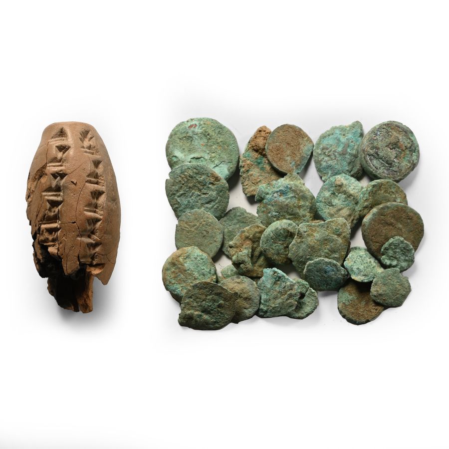 Western Asiatic Fragmentary Cuneiform Barrel with Coin Group