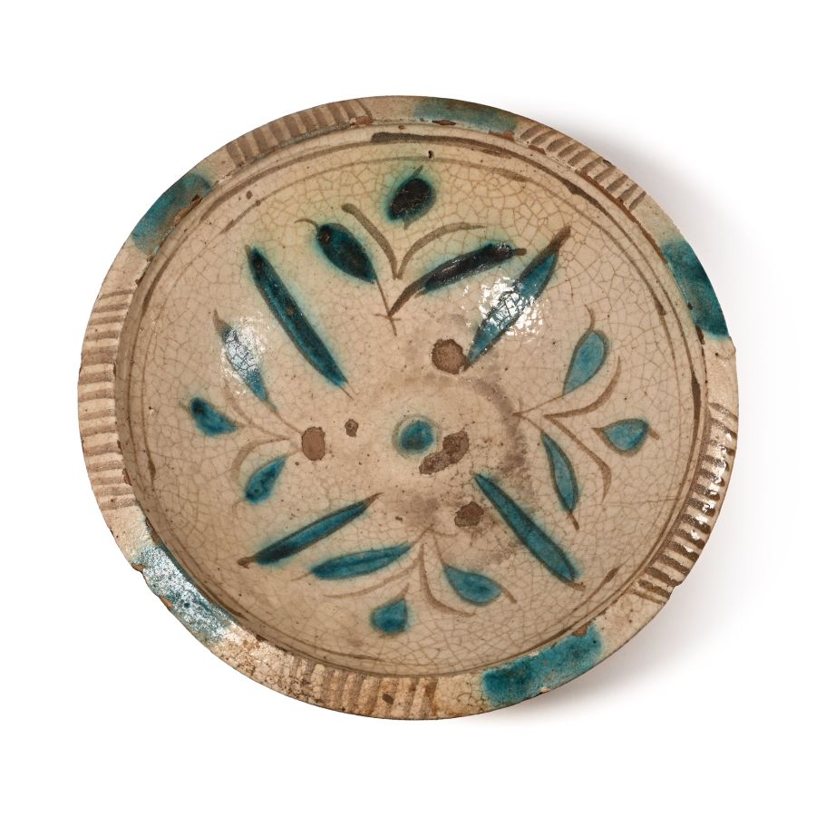 Western Asiatic Ceramic Bowl with Blue Leaf Design