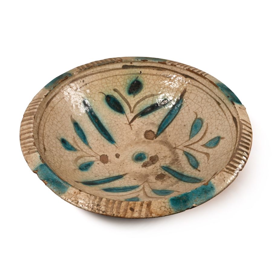 Western Asiatic Ceramic Bowl with Blue Leaf Design