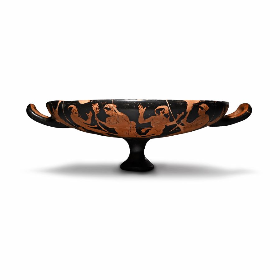 Greek Attic Red-Figure Kylix with Dancing Nymphs and Satyrs