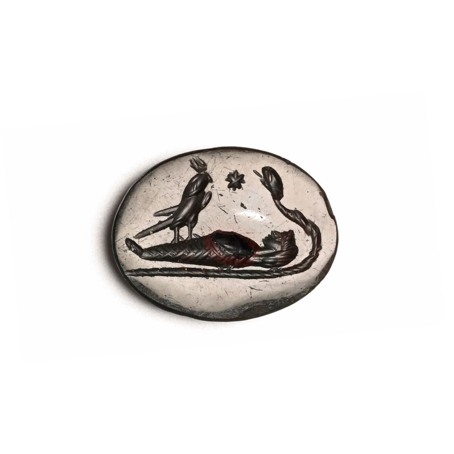 Roman Bloodstone Intaglio with Horus, Osiris and Ouroboros