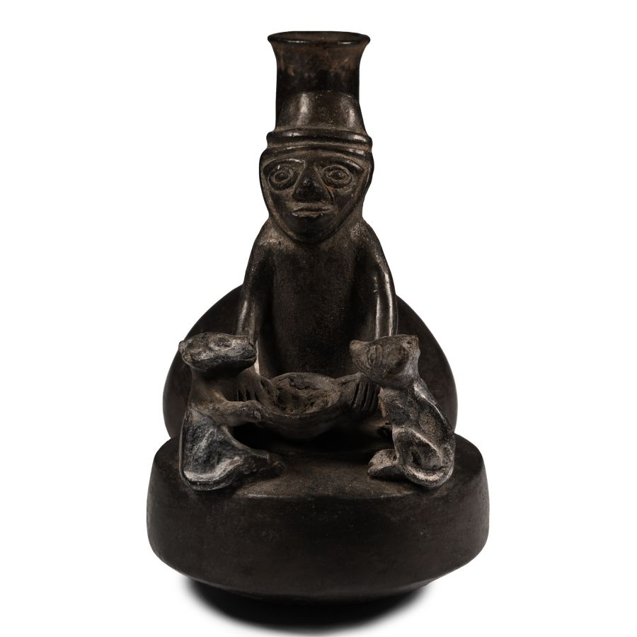 Peruvian Lambayque Painted Pottery Stirrup Jar with Figures