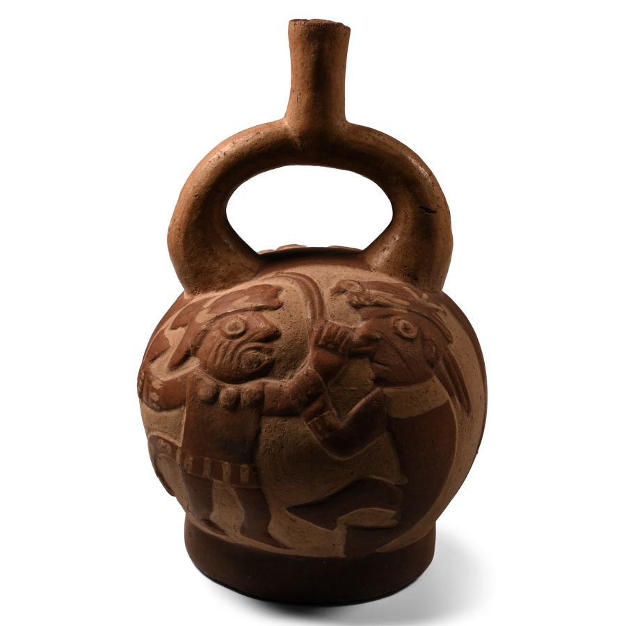 Moche Painted Pottery Stirrup Jar with Battle Scenes