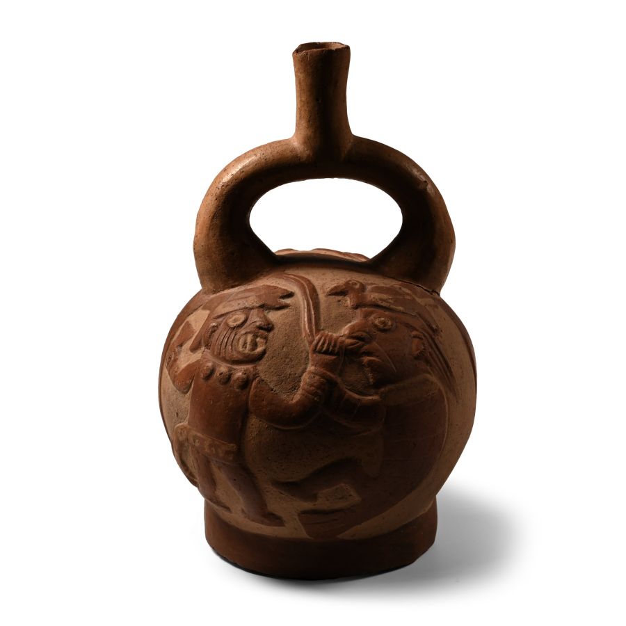 Moche Painted Pottery Stirrup Jar with Battle Scenes