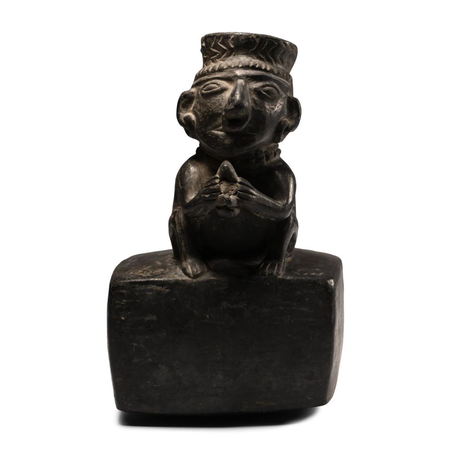 Moche Painted Pottery Stirrup Jar with Crouching Figure