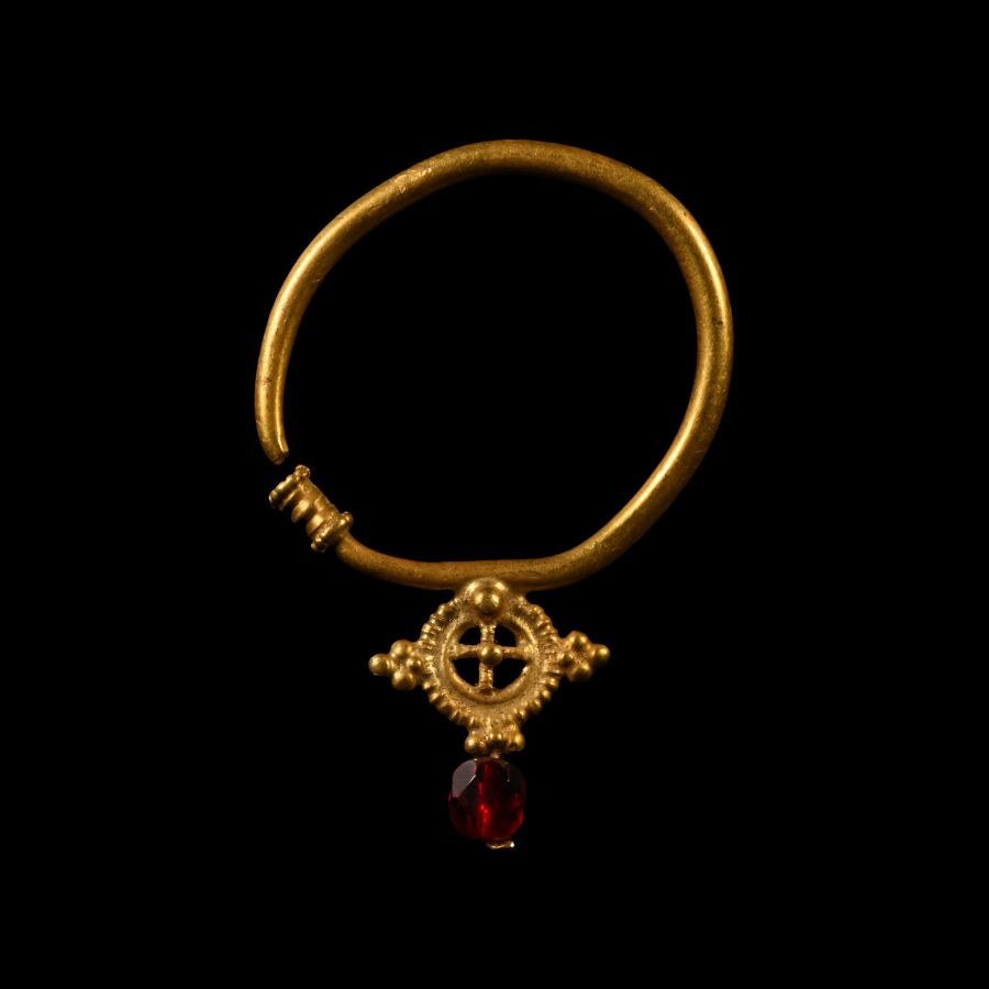 Byzantine Gold Earring with Cross and Garnet