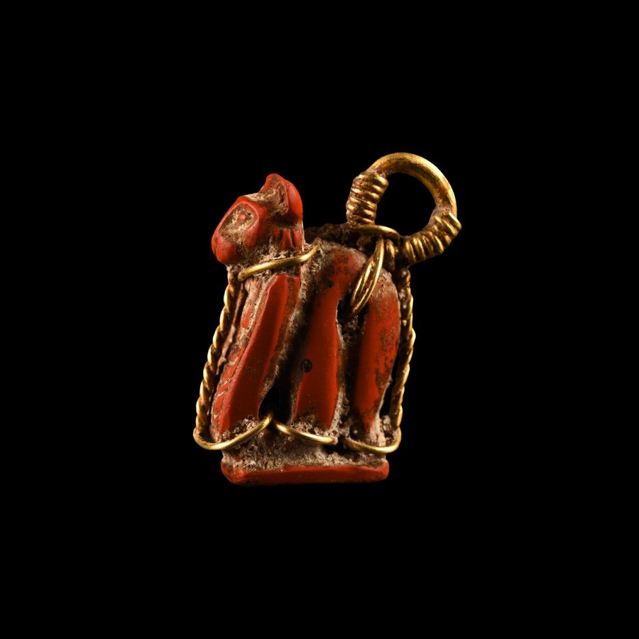 Egyptian Jasper Lion-Headed Cobra Amulet in Gold Frame