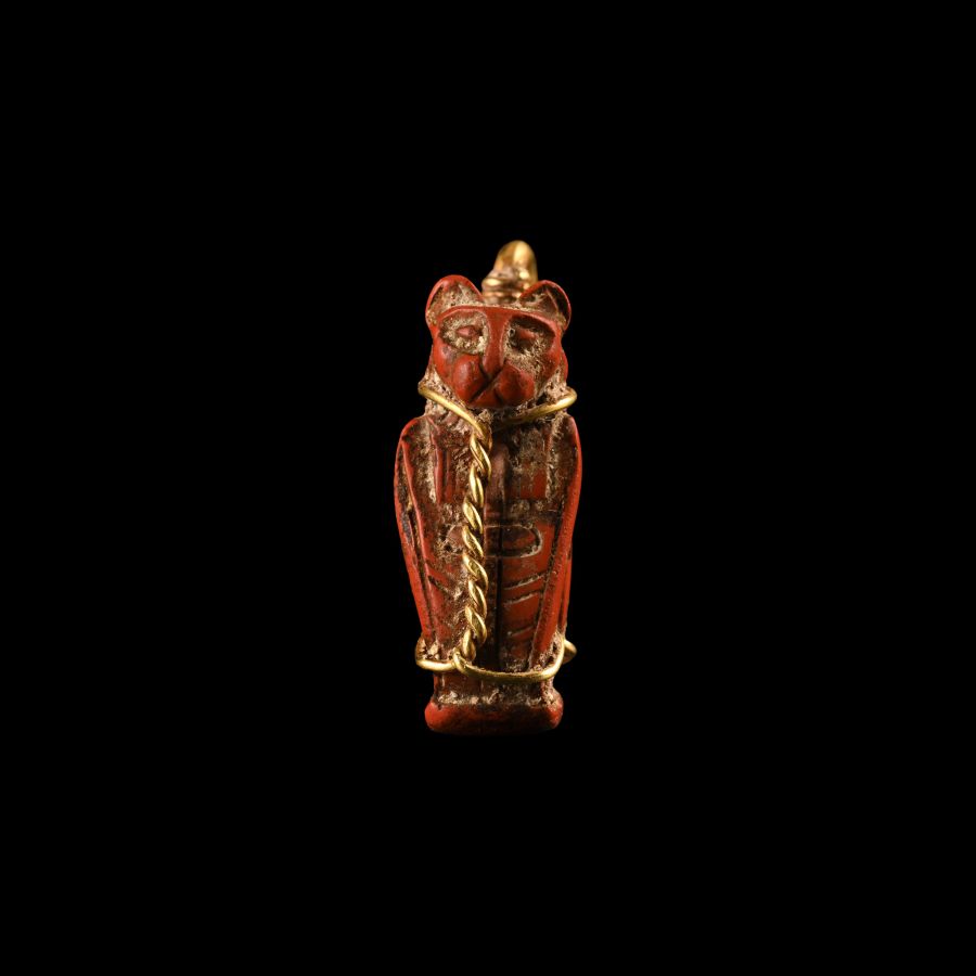 Egyptian Jasper Lion-Headed Cobra Amulet in Gold Frame