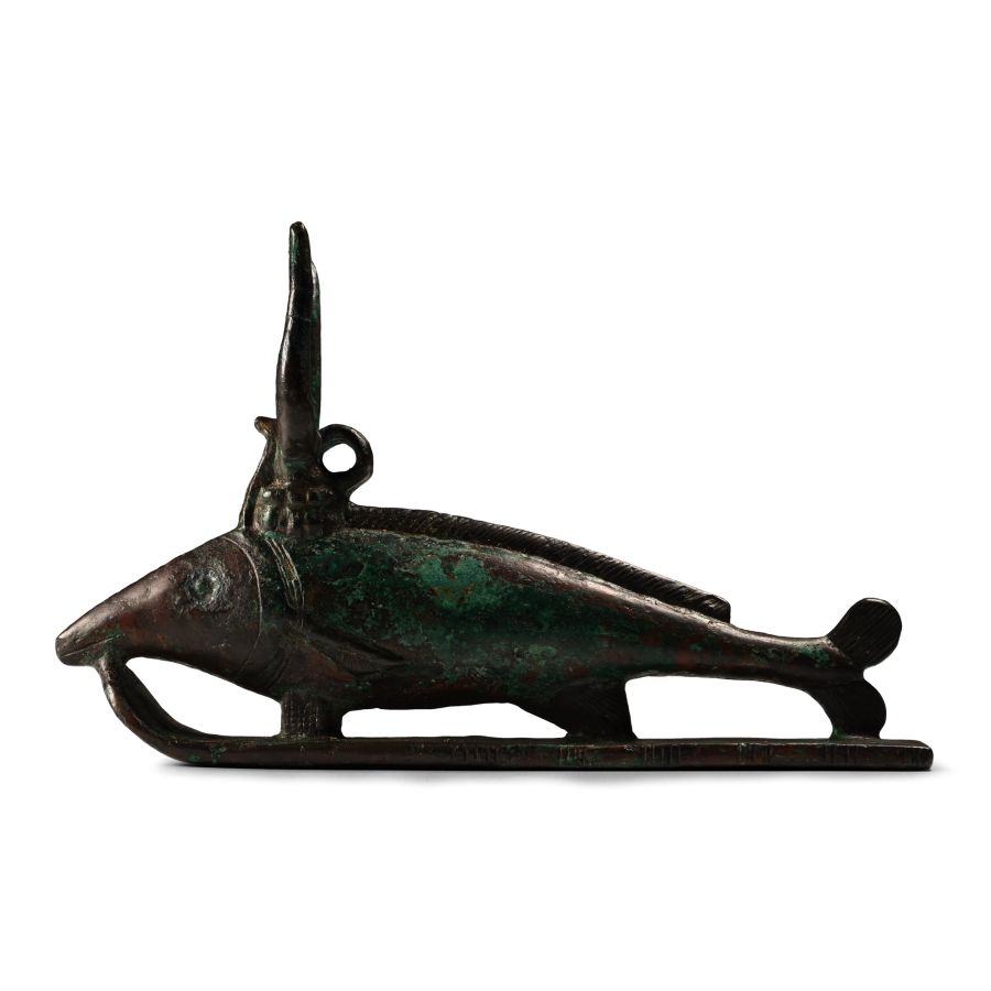Large Egyptian Bronze Oxyrhynchus Fish of Per-Medjed with Hieroglyphic Inscription