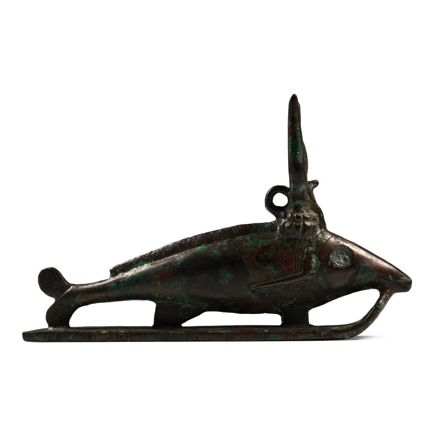 Large Egyptian Bronze Oxyrhynchus Fish of Per-Medjed with Hieroglyphic Inscription