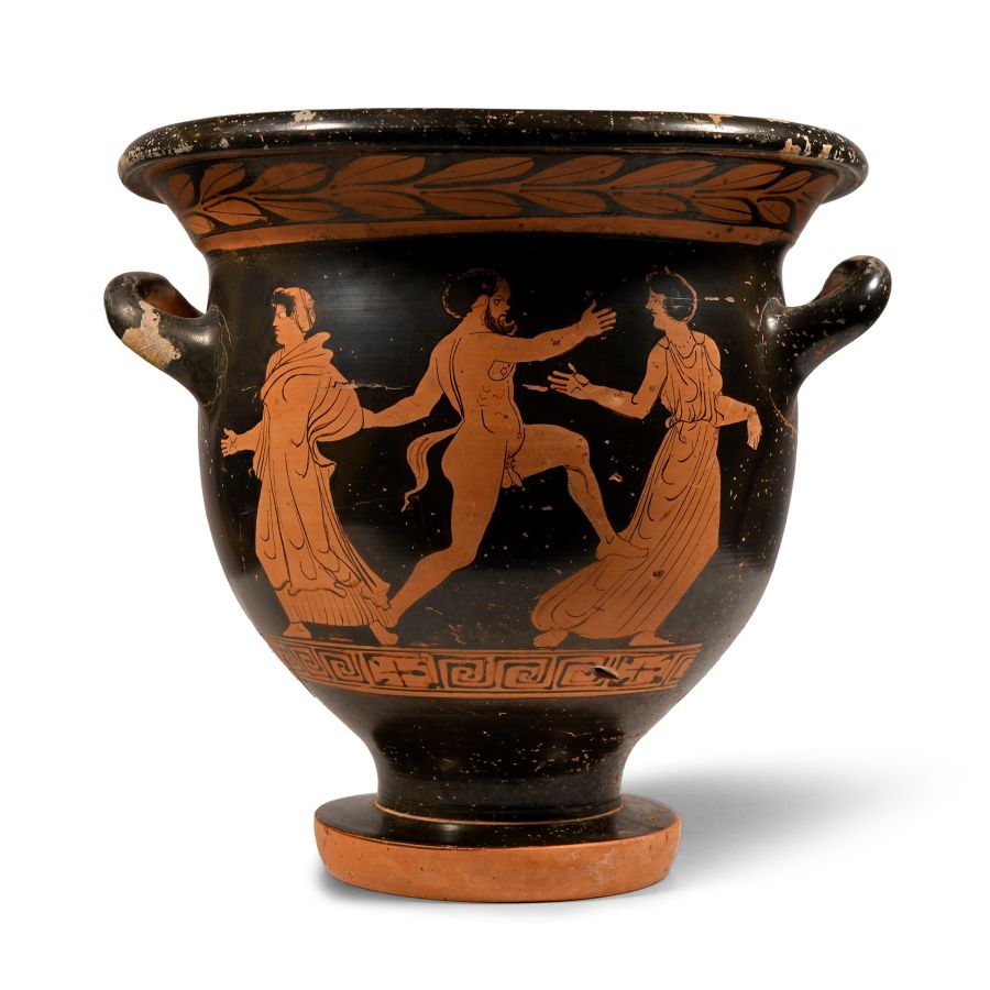 Greek Lucanian Red-Figure Bell-Krater with Nude Dancing Satyr