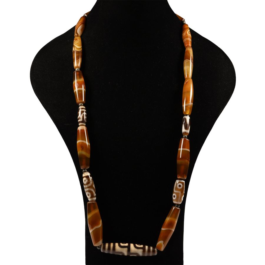Tibetan Style Banded Agate and Glass Bead Necklace