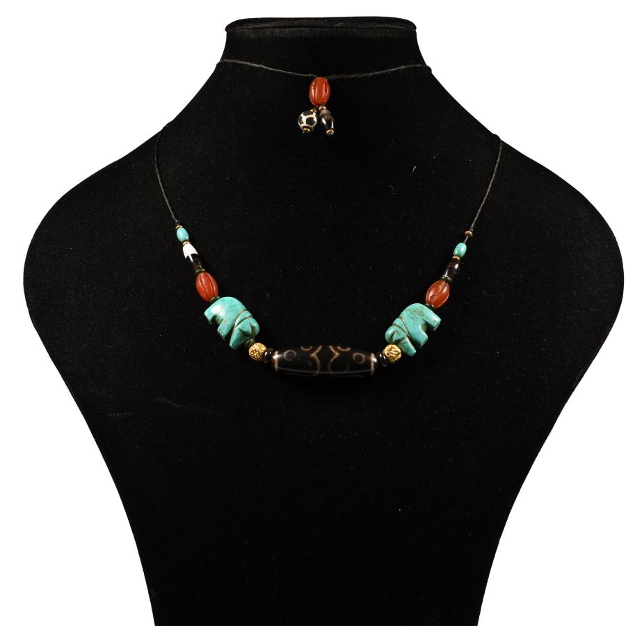 Agate and Glass Bead Necklace String with Elephant Amulets