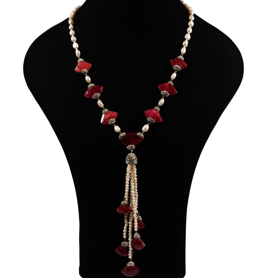 Ruby-Coloured Stone and Pearl Bead Necklace