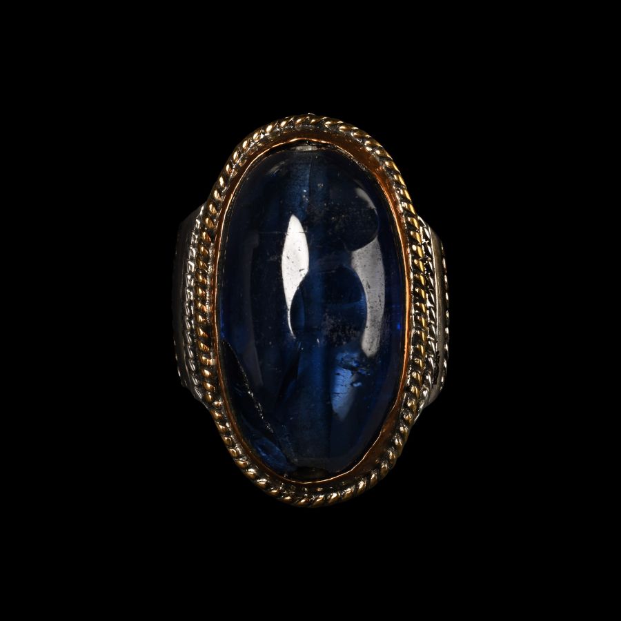 Large Silver-Coloured Metal Ring with Blue Glass Cabochon