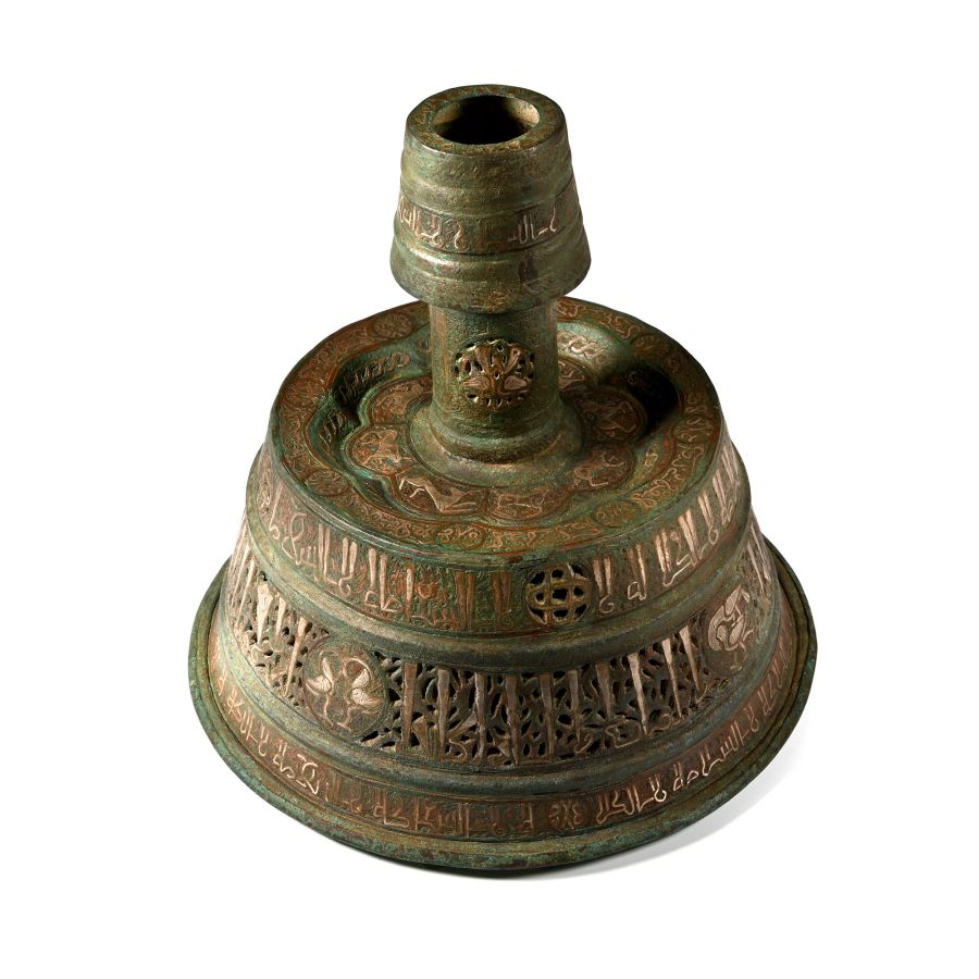 Western Asiatic Style Silver Inlaid Bronze Calligraphic Candle Stick