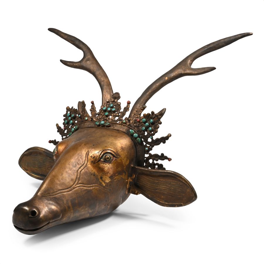 Life-Size Tibetan Bronze Jewelled Head of a Stag