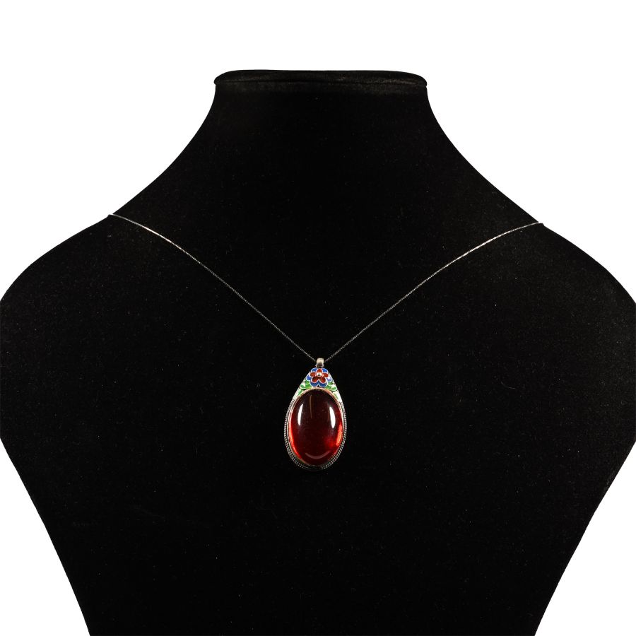Chinese Style Enamelled Silver-Coloured Metal Pendant Necklace