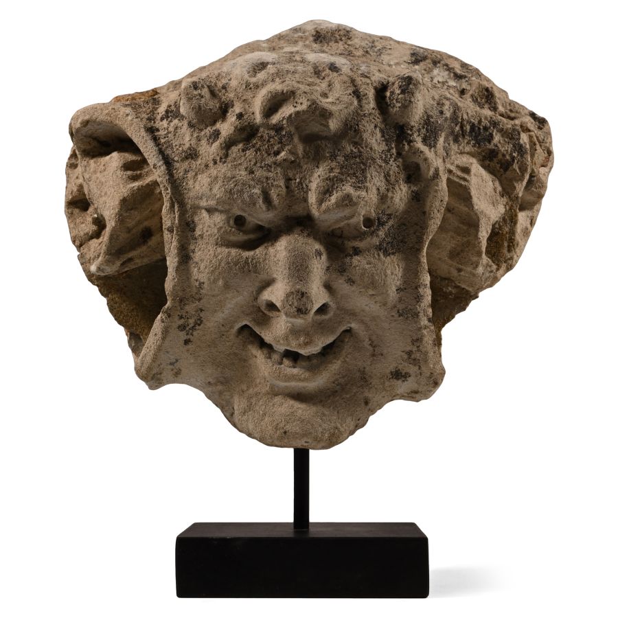 Medieval Limestone Gargoyle of a Smiling Horned Devil