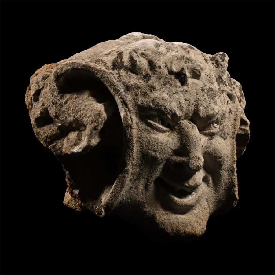 Medieval Limestone Gargoyle of a Smiling Horned Devil