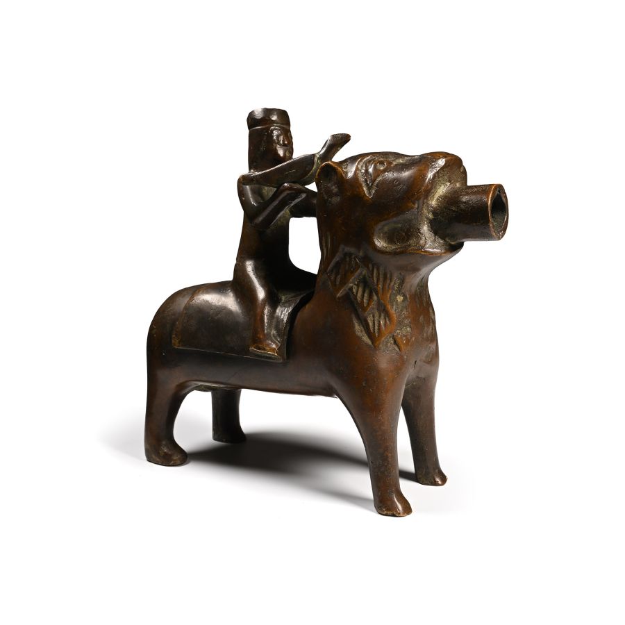 Bronze Lion Aquamanile with Falconer