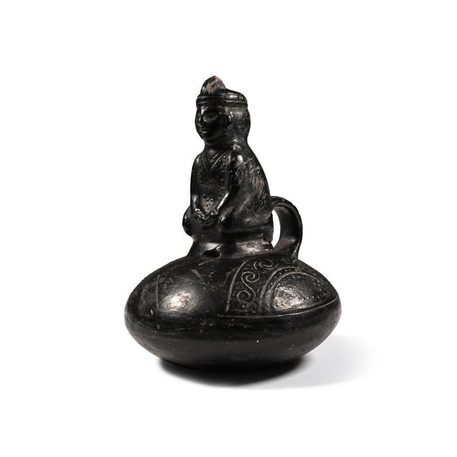 Pre Columbian Black Ware Vessel with Kneeling Figure