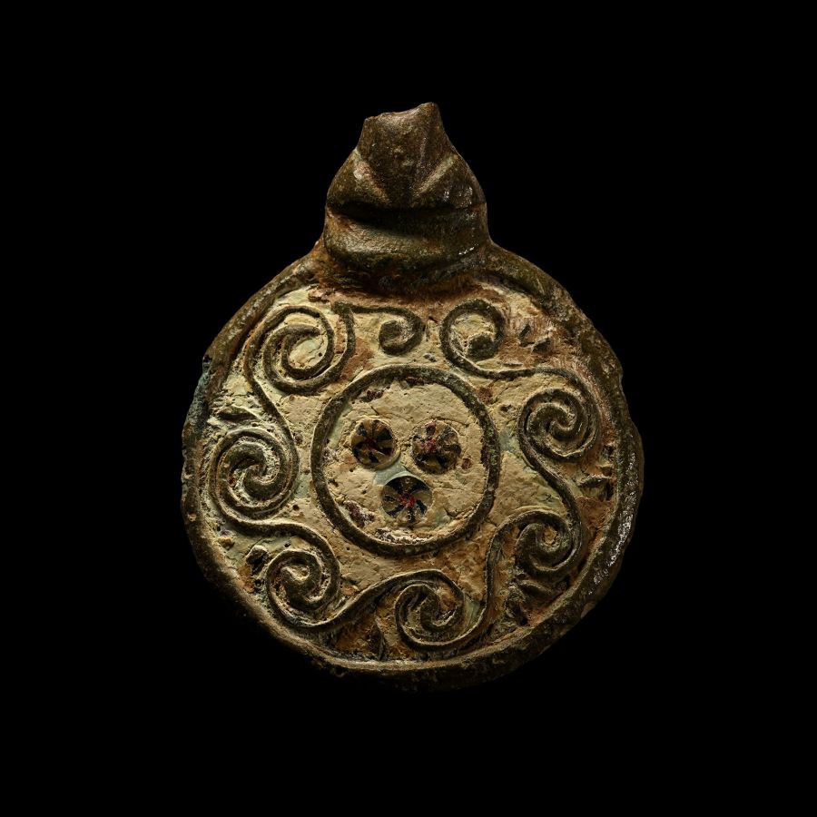 'The Stathern' Anglo-Saxon Enamelled Bronze Hanging Bowl Mount with Millefiori Inlays