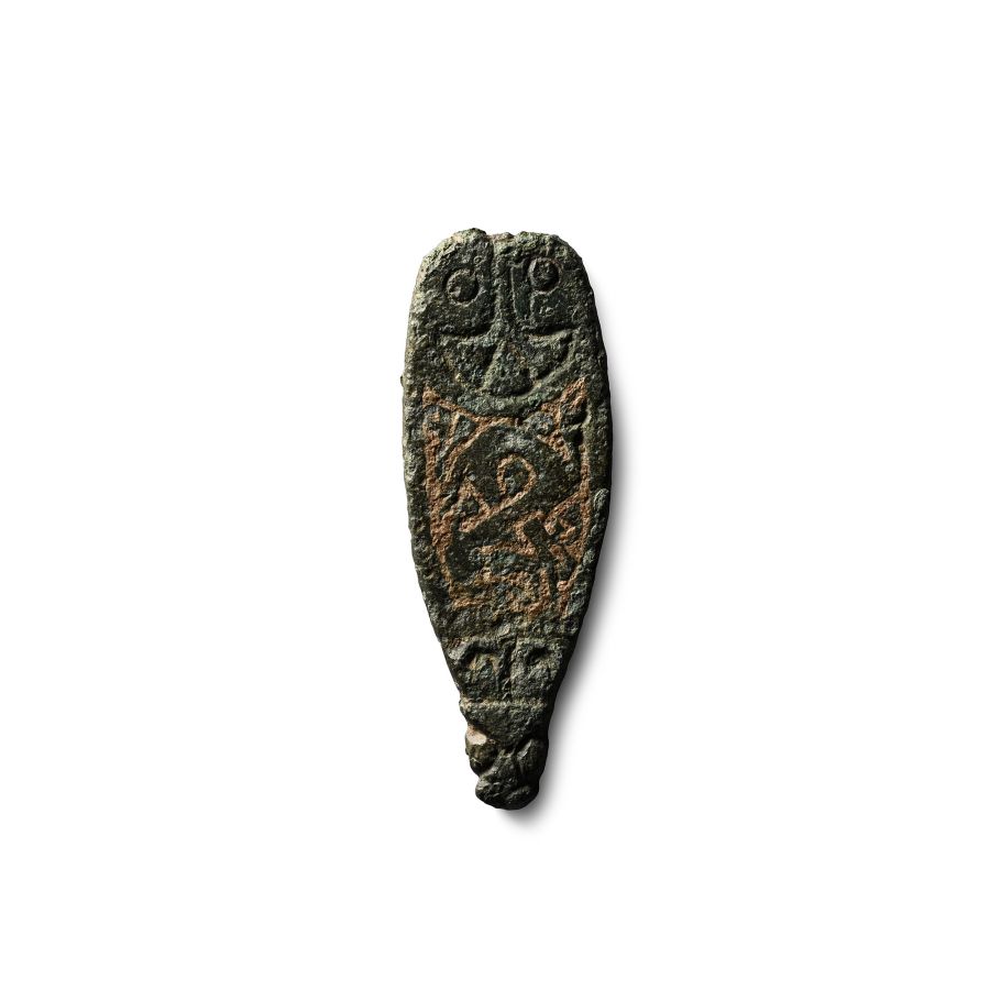 Anglo-Saxon Gilt Bronze Strap End with Beast Facing Back