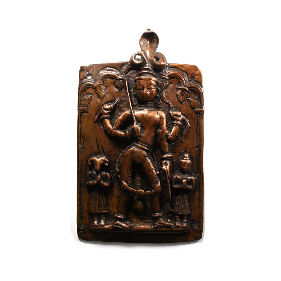 Indian Sacred Copper Plaque with Hindu God and Attendants