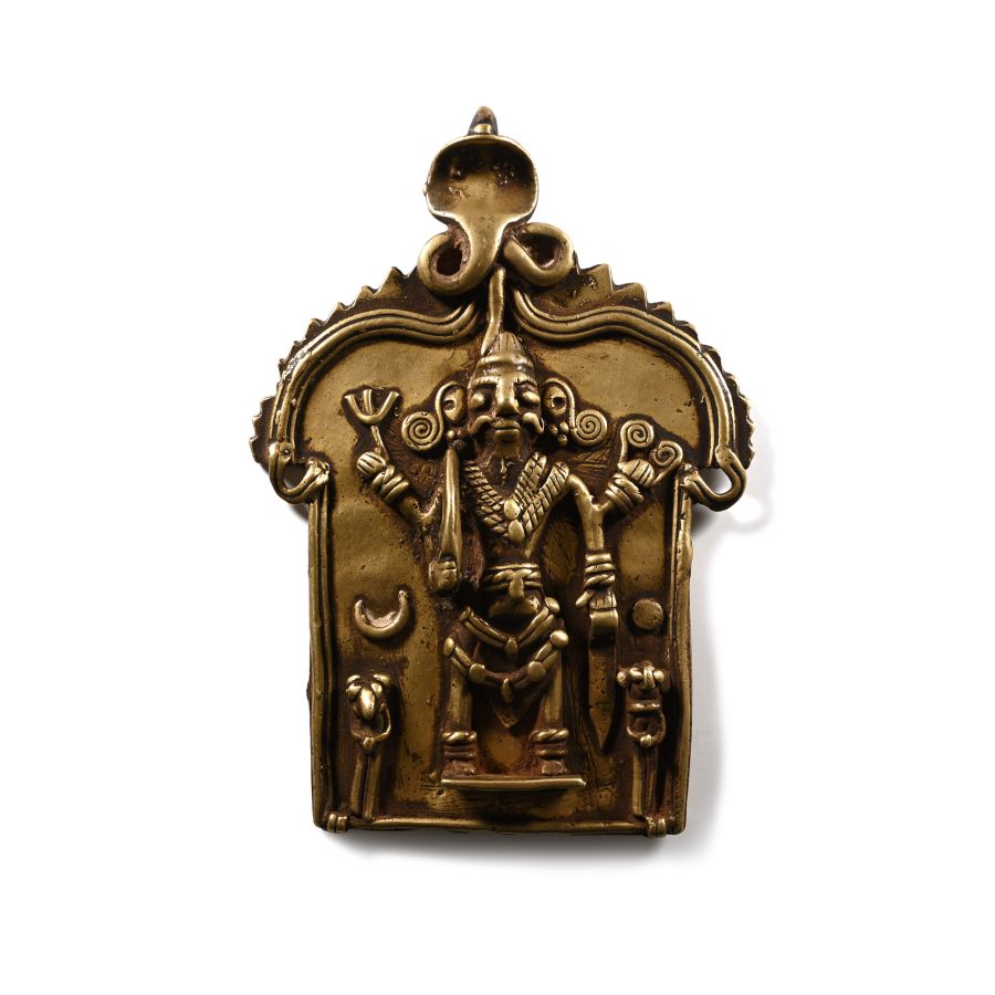 Indian Sacred Copper-Alloy Plaque with Hindu God and Attendants