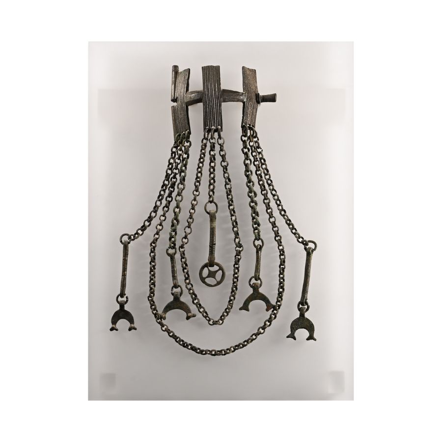 Pre-Viking Bronze Brooch with Bull-Headed Lunar Pendants and Chain