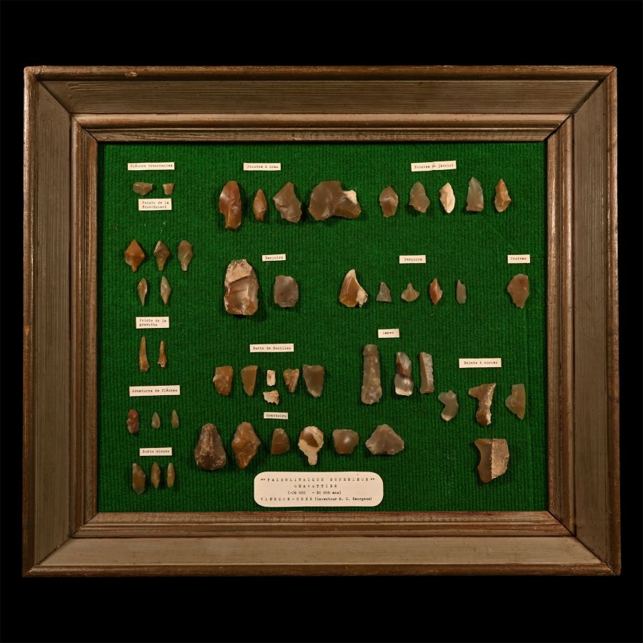 French Stone Age Large Framed Board of 'Gravettian' Tools