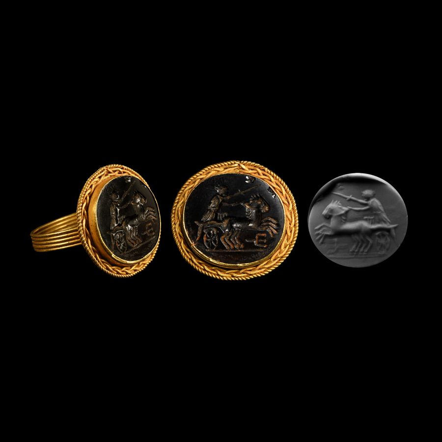 Roman Style Gold Ring with Chariot Gemstone