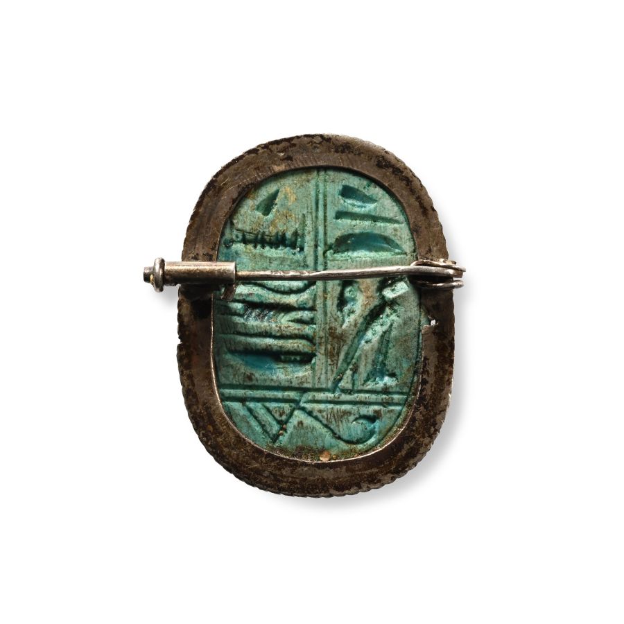 Egyptian Style Faience Scarab in Silver Brooch