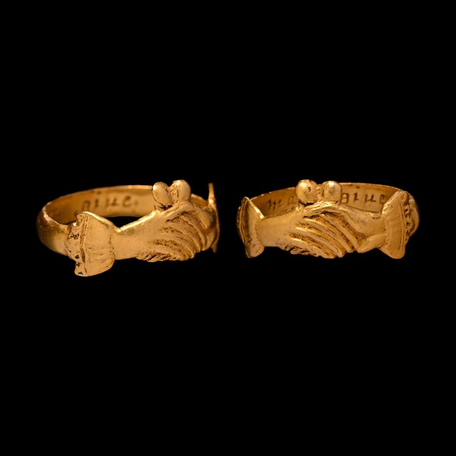 'The Blackmore' Elizabethan Gold 'Can Man Give More' Clasped Hands 'Fede' Posy Ring