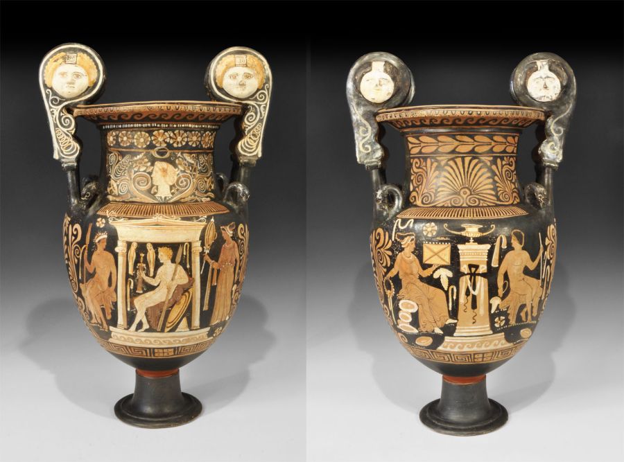 Greek Apulian Red-Figure Volute Krater with Medusa Heads and Ladies of Fashion