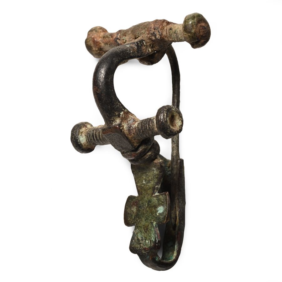 Byzantine Bronze Bow Brooch with Cross