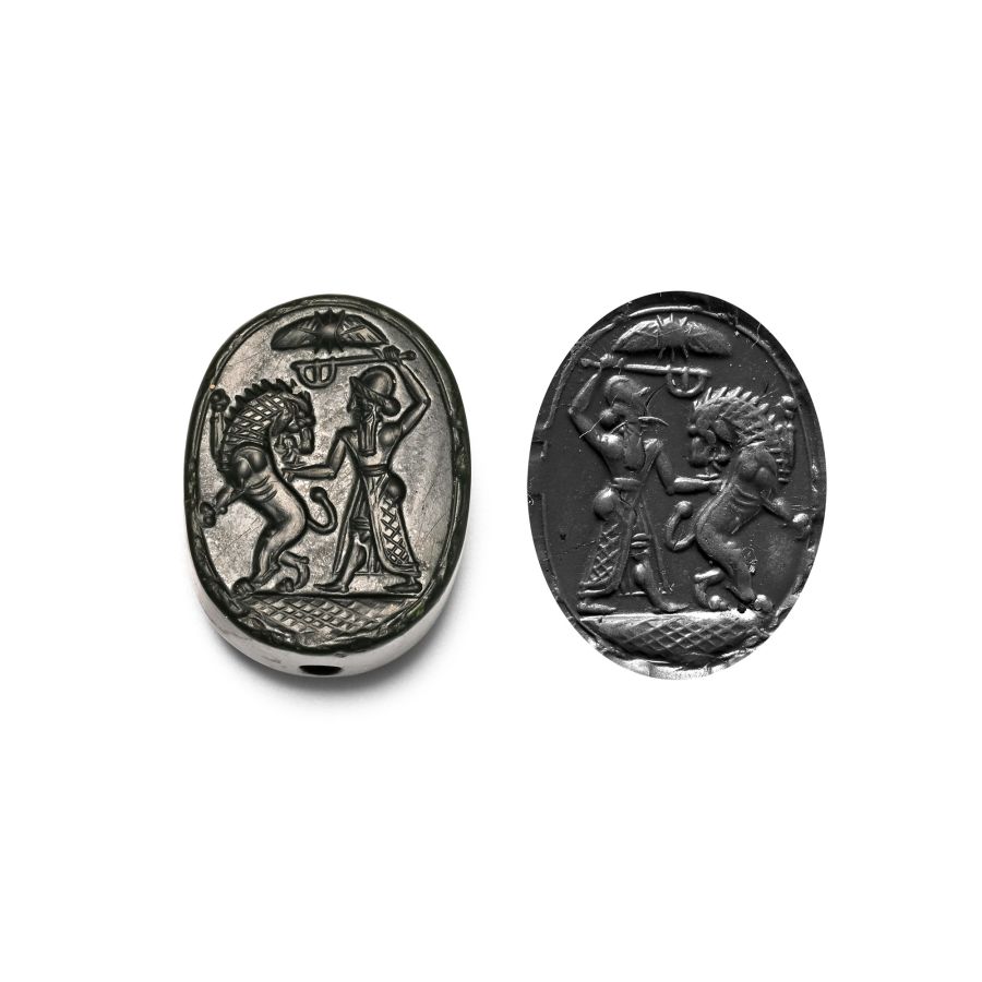 Western Asiatic Green Jasper Scaraboid with Combat Scene